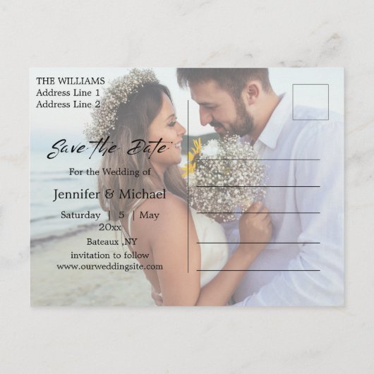 手書きモダンカップルの写真の日付を保存 案内ポストカード (裏面)