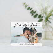手書きモダンカップルの写真の日付を保存 案内ポストカード (スタンド正面)