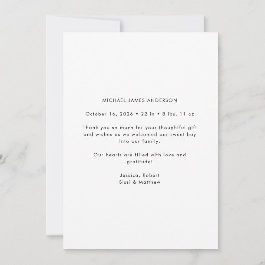 手書きモダンスクリプトフォトベビーありがとう 案内状 (裏面)