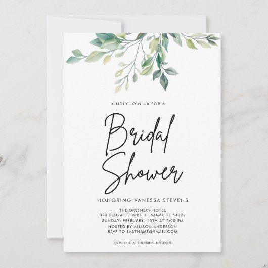 手書きモダンスクリプトブラックブライダルシャワー 招待状 (正面)