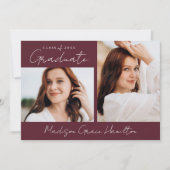 手書きモダンスクリプトマルーン写真卒業 案内状 (正面)