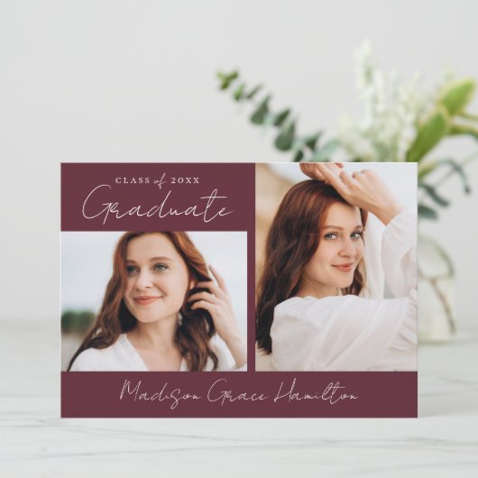 手書きモダンスクリプトマルーン写真卒業 案内状 (スタンド正面)