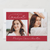 手書きモダンスクリプトレッド3写真卒業 案内状 (正面)