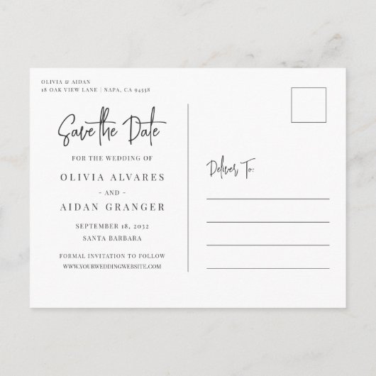 手書きモダンスクリプト写真の保存日付 案内ポストカード (裏面)