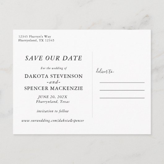 手書きモダンスクリプト写真の保存日付 案内ポストカード (裏面)