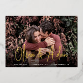 手書きモダンスクリプト写真の保存日付 箔招待状 (正面)