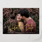 手書きモダンスクリプト写真の保存日付 箔招待状 (正面)