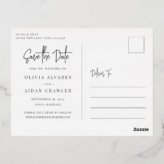 手書きモダンスクリプト写真Date Foilを保存 箔招待状ポストカード (裏面)