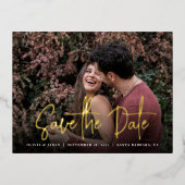 手書きモダンスクリプト写真Date Foilを保存 箔招待状ポストカード (正面)