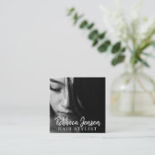 手書きモダンスクリプト美容師付き写真 スクエア名刺 (スタンド正面)