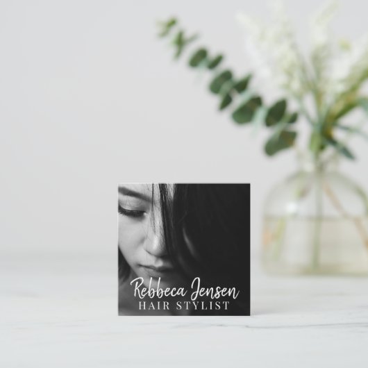 手書きモダンスクリプト美容師付き写真 スクエア名刺 (スタンド正面)
