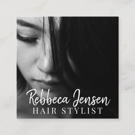 手書きモダンスクリプト美容師付き写真 スクエア名刺 (正面)