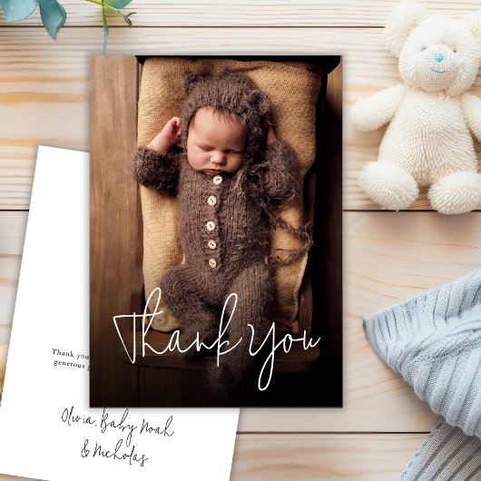 手書きモダンスクリプト赤ちゃんシャワー写真 サンキューカード