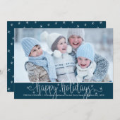 手書きモダンスクリプトHAPPY HOLIDAYSブルー シーズンカード (正面/裏面)