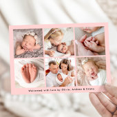 手書きモダンハローピンクフォトコラージュ誕生 案内状