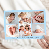 手書きモダンハローブルーフォトコラージュ誕生 案内状