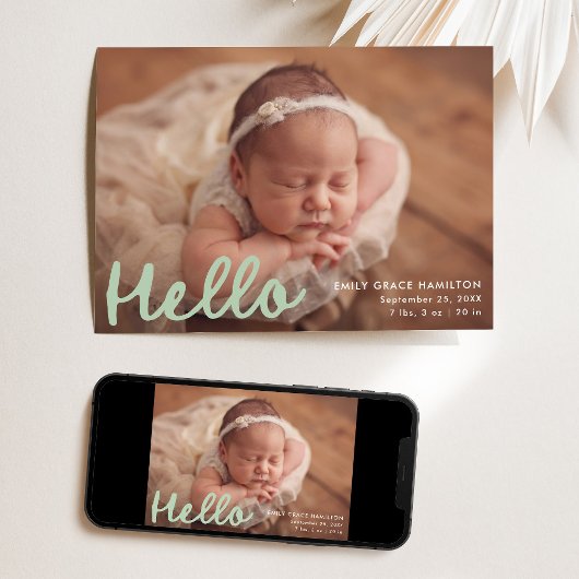 手書きモダンハローミントフォトコラージュ誕生 案内状