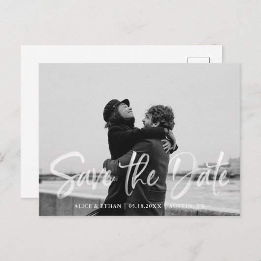 手書きモダンブラシホワイト日付の写真を保存 案内ポストカード (正面/裏面)