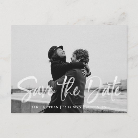 手書きモダンブラシホワイト日付の写真を保存 案内ポストカード (正面)