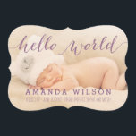 手書きモダンベビー誕生写真のお知らせ 案内状<br><div class="desc">手書きモダンベビー誕生写真通知カード | プラムパープルグリッター脚本。エルケ・クラークデザイン©.その他のスタイルは私たちの店で利用可能。グリッター(プリント写真エフェクト)タイポグラフィオーバーレイと手書きスクリプトフォントの「hello world」という単語。赤エレガントちゃん女の子とカスタマイズ男の赤ちゃん新生児の発表の両方のためにすることができる汎用性の高いデザイン。プリントされた紫のグリッターの写真の効果は、要求に応じて背面に変更することができる。</div>