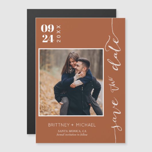 手書きモダン写真Save The Date Terracotta (正面/裏面)