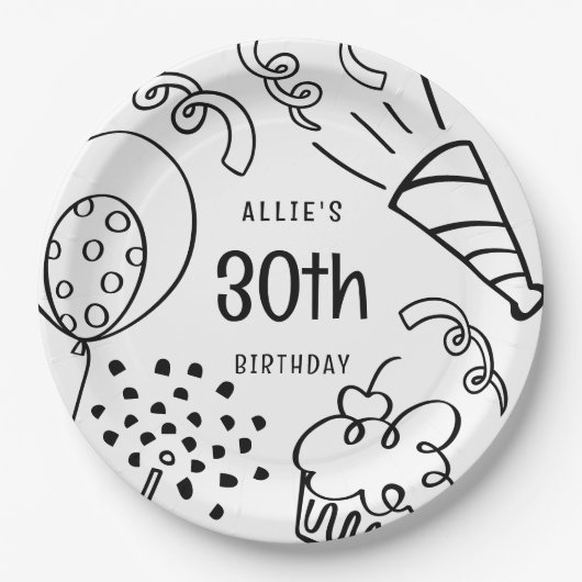 手書きモダン誕生日任意の年齢の白黒 ペーパープレート (正面)