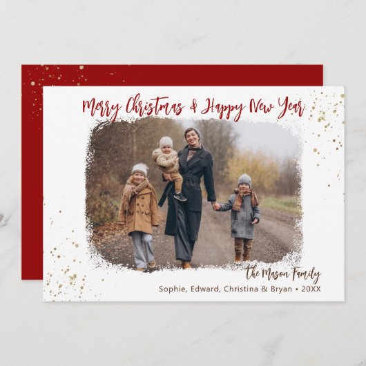 手書きモダン赤金ゴールドクリスマスフォト シーズンカード (正面/裏面)