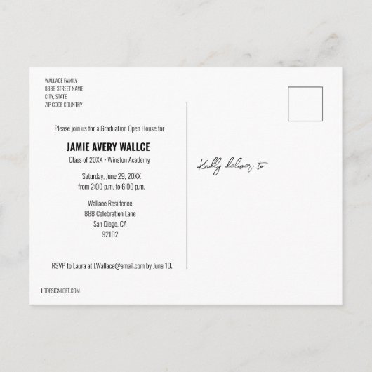 手書きモダン高校卒業写真のクラス インビテーションポストカード (裏面)