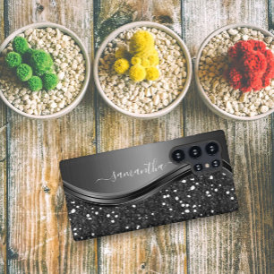 手書きモノグラムエレガントブラックメタルグリッター SAMSUNG GALAXY S22 ULTRAケース