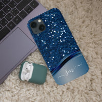 手書きモノグラムネイビーブルーメタルグリッター
