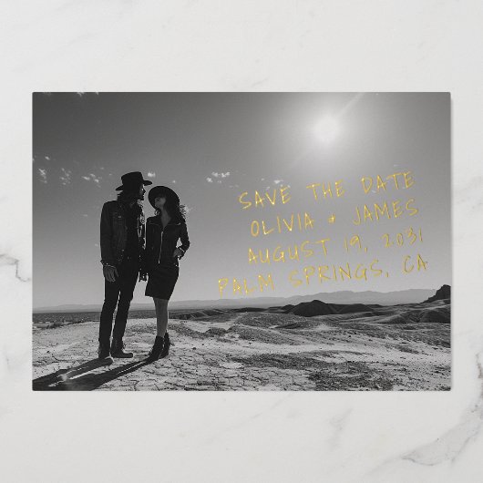 手書きユニークフォトウェディング日付の保存 箔招待状 (正面)