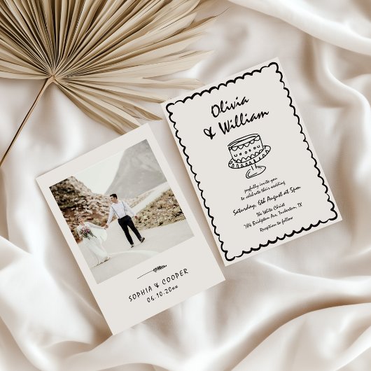 手書きユニークレトロ写結婚真 招待状