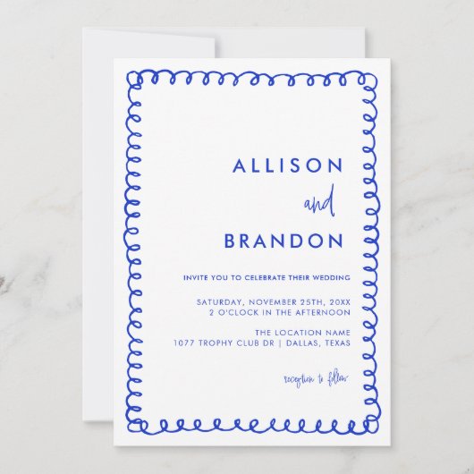 手書きリボンフランスのブルー結婚の写真 招待状 (正面)