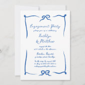 手書きリボンブルーフランスの婚約パーティ 招待状 (正面)