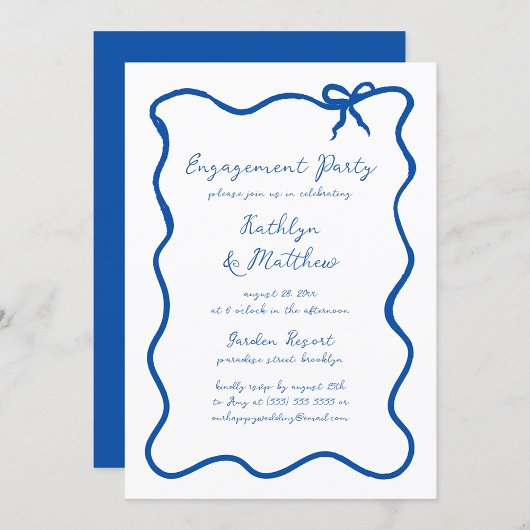 手書きリボンブルーフランスの婚約パーティ 招待状