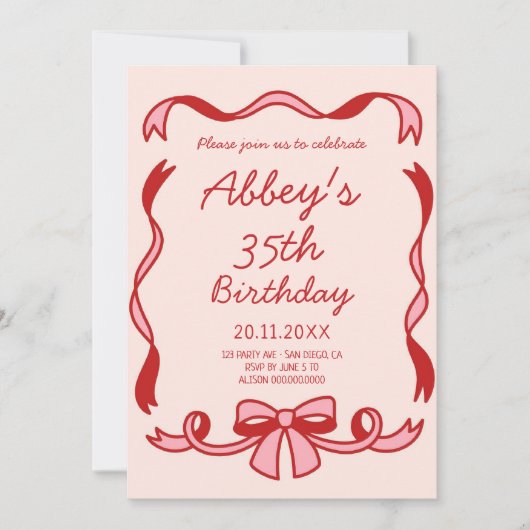 手書きリボン誕生日の招待 招待状 (正面)