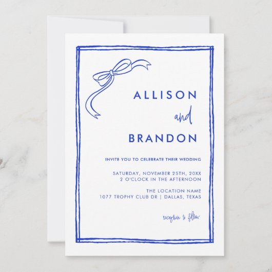 手書きリボン フランスブルー 結婚式 招待状 (正面)