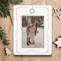 手書きリースレッドボウ写真クリスマスカード