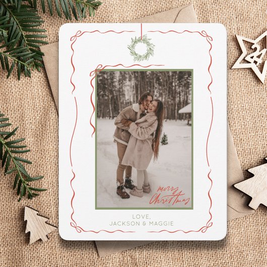 手書きリースレッドボウ写真クリスマスカード シーズンカード