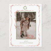 手書きリースレッドボウ写真クリスマスポストカード シーズンポストカード (正面)