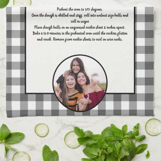 手書きレシピグレーホワイトプレイド写真 キッチンタオル (折り畳み)