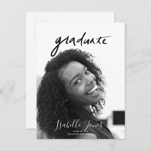 手書きレタリングミニマル写真卒業 案内ポストカード (正面/裏面)