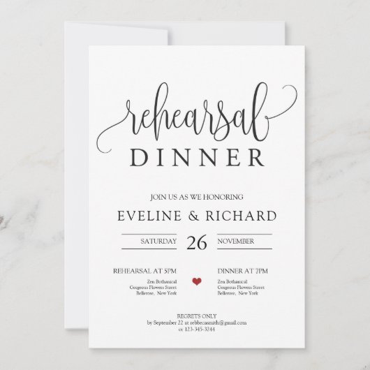 手書きレタリング赤いハート素朴リハーサル 招待状 (正面)