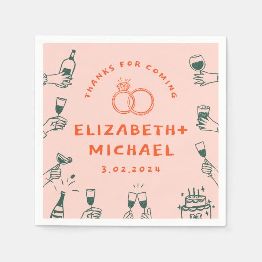 手書きレッドピンクファンキー結婚ズ スタンダードカクテルナプキン (正面)