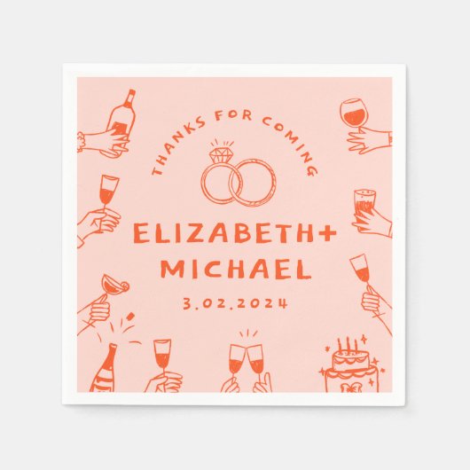 手書きレッドピンクファンキー結婚ズ スタンダードカクテルナプキン (正面)