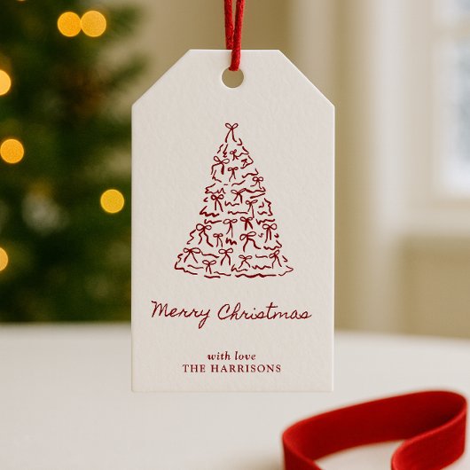 手書きレッドボウクリスマスツリー ギフトタグ