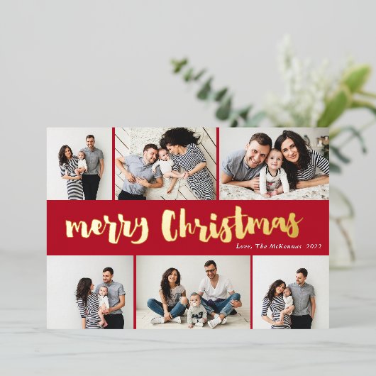手書きレッドメリークリスマス6写真金ゴールド 箔シーズンカード (立ち正面)