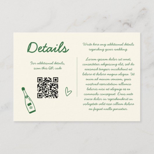 手書きレトロスケッチ結婚グリーン詳細QR エンクロージャーカード (正面)