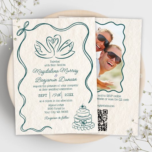 手書きレトロスワン写真結婚すべて 招待状