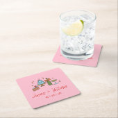 手書きレトロピンクコンテンポラリーアー結婚ツ スクエアペーパーコースター (インサイチュ)